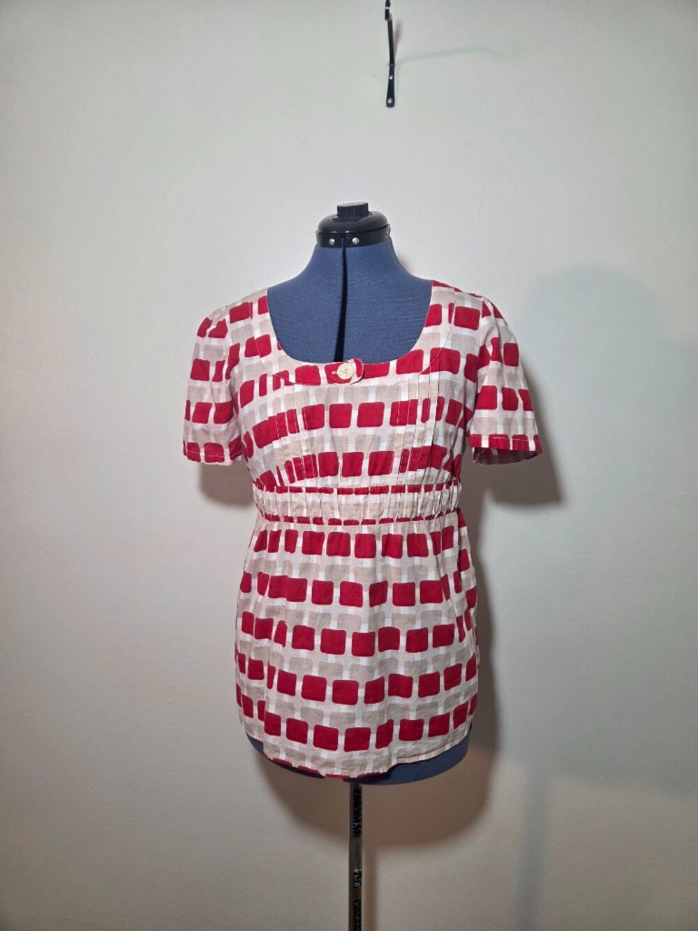 Piper and Blue Y2K Red and Cream Geometric Print Short Sleeve Peplum Blouse